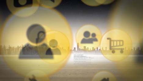 animación de iconos digitales en línea sobre el paisaje urbano