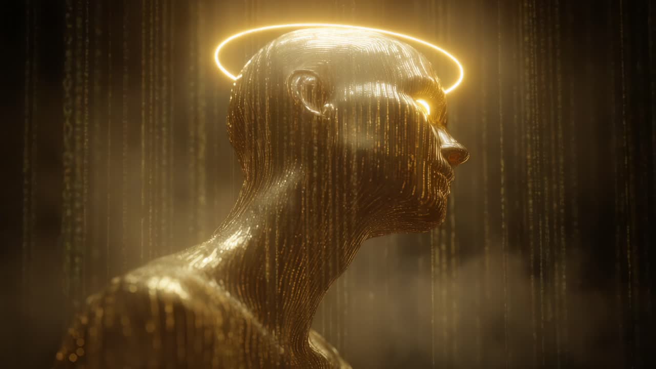 A captivating digital visualization features a golden figure with a halo, set against a backdrop of shimmering binary code rain, embodying the themes of technology, spirituality, and the convergence of reality and imagination