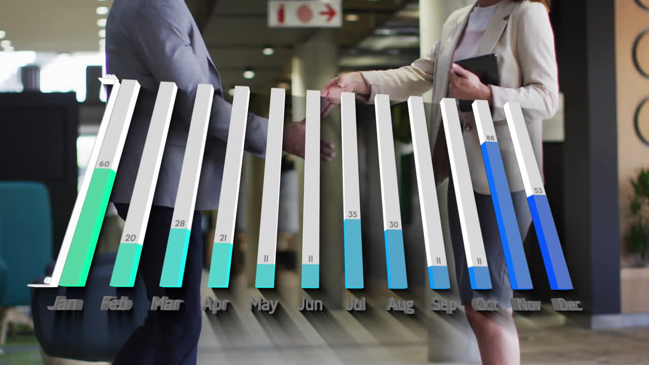 Shaking hands, business people with bar graph showing monthly data animation