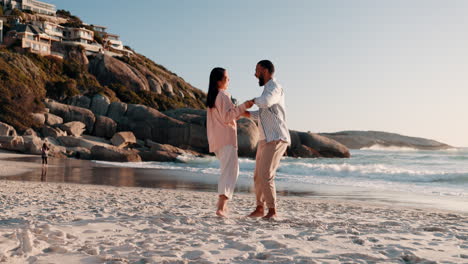 beach, dancing and couple on vacation with travel