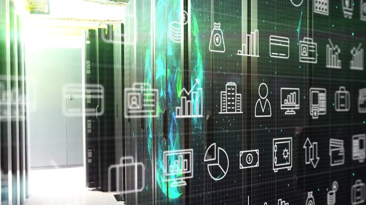 Overlay rising from right mapping finance icons over server racks showing data while ribbon pulsing