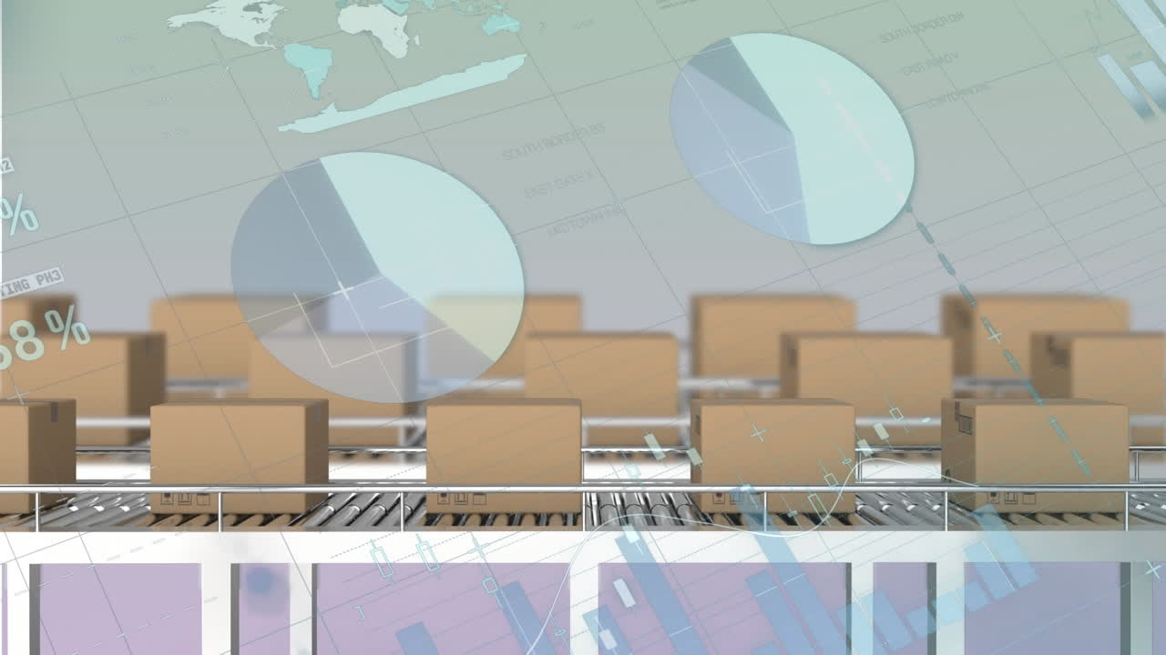 그래디언트 배경에서 컨베이어 벨트에 있는 통계 데이터 처리 및 전달 상자의 애니메이션