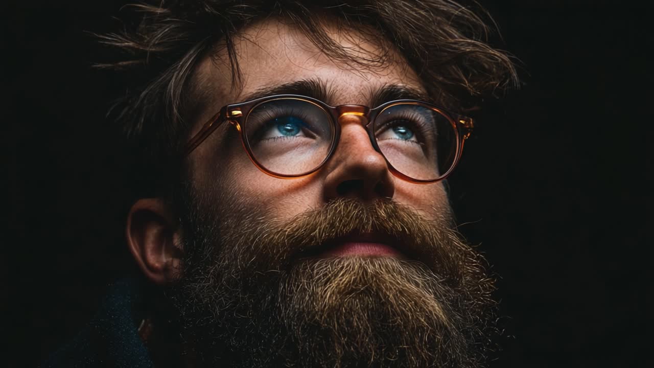 A contemplative man gazes upwards with a thoughtful expression, highlighting his prominent beard and glasses against a dark backdrop, evoking a sense of introspection and curiosity