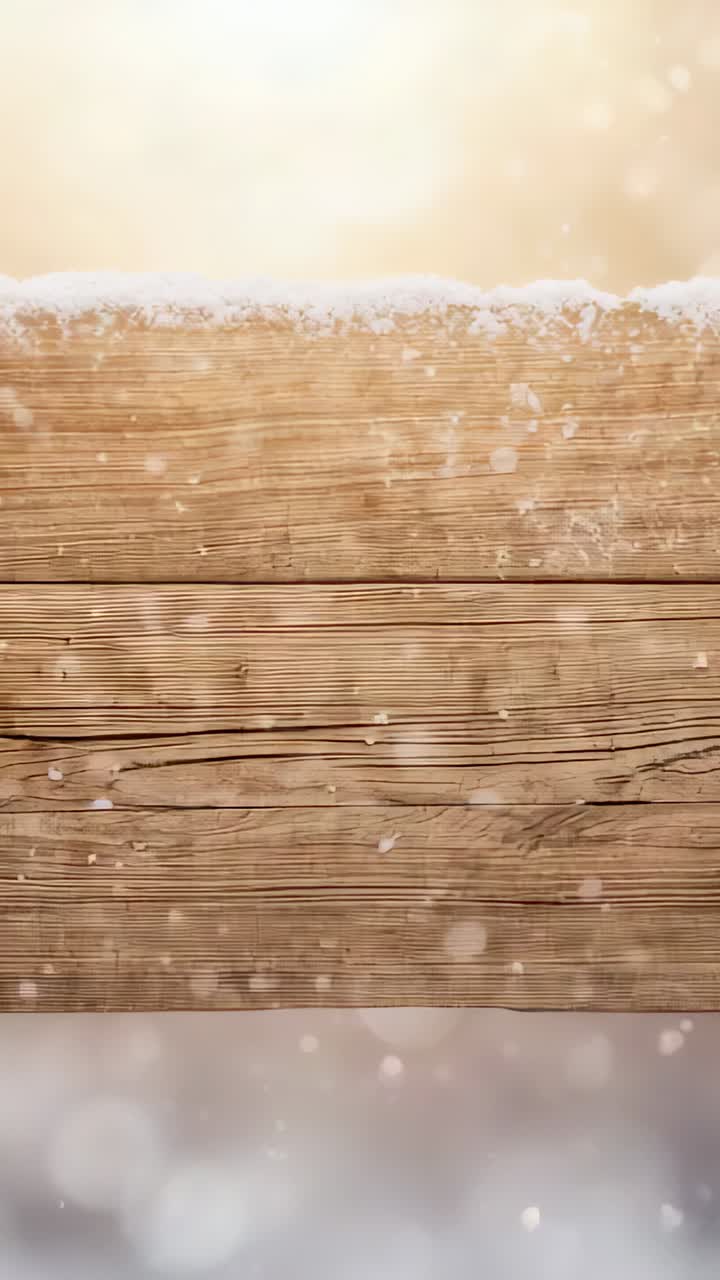 Vertical video: Drifting flakes coating plank on table, clump impact scattering bokeh