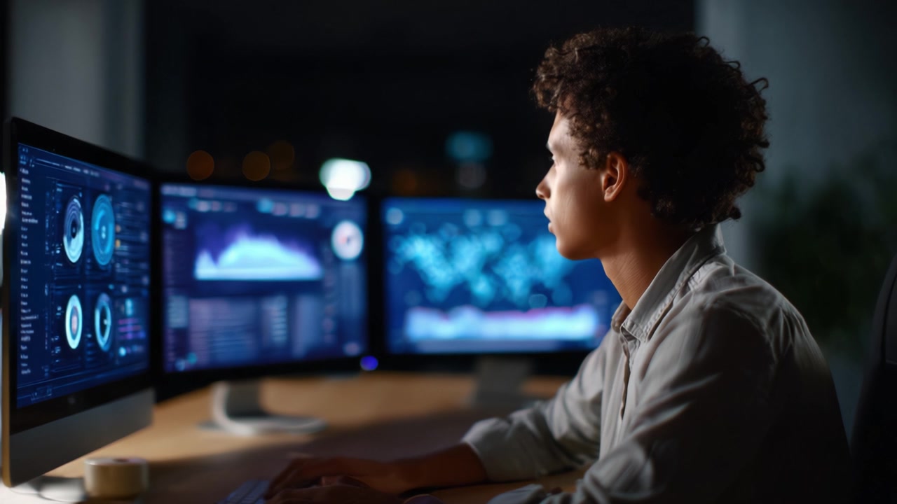 Focused analyst working late at night on multiple computer monitors displaying complex data visualizations and analytics for performance evaluation and monitoring.