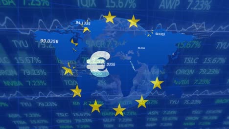 animación del procesamiento de datos y mapa del mundo sobre la bandera de la ue