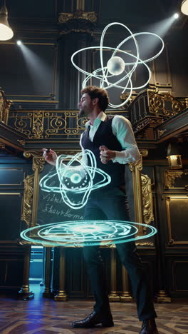 scientist performing a holographic atom experiment in a historical setting