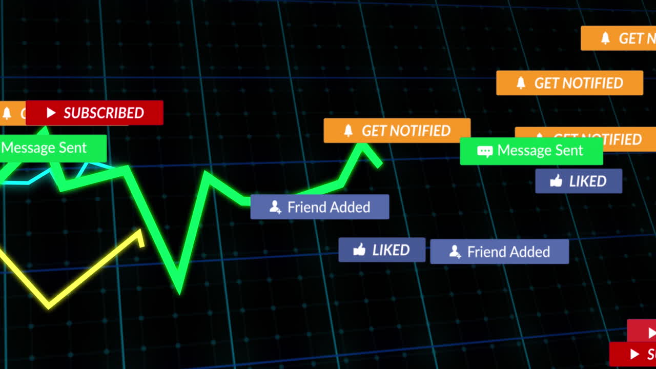 검은색 배경의 그래프 위에 텍스트를 가진 소셜 미디어 아이콘의 애니메이션