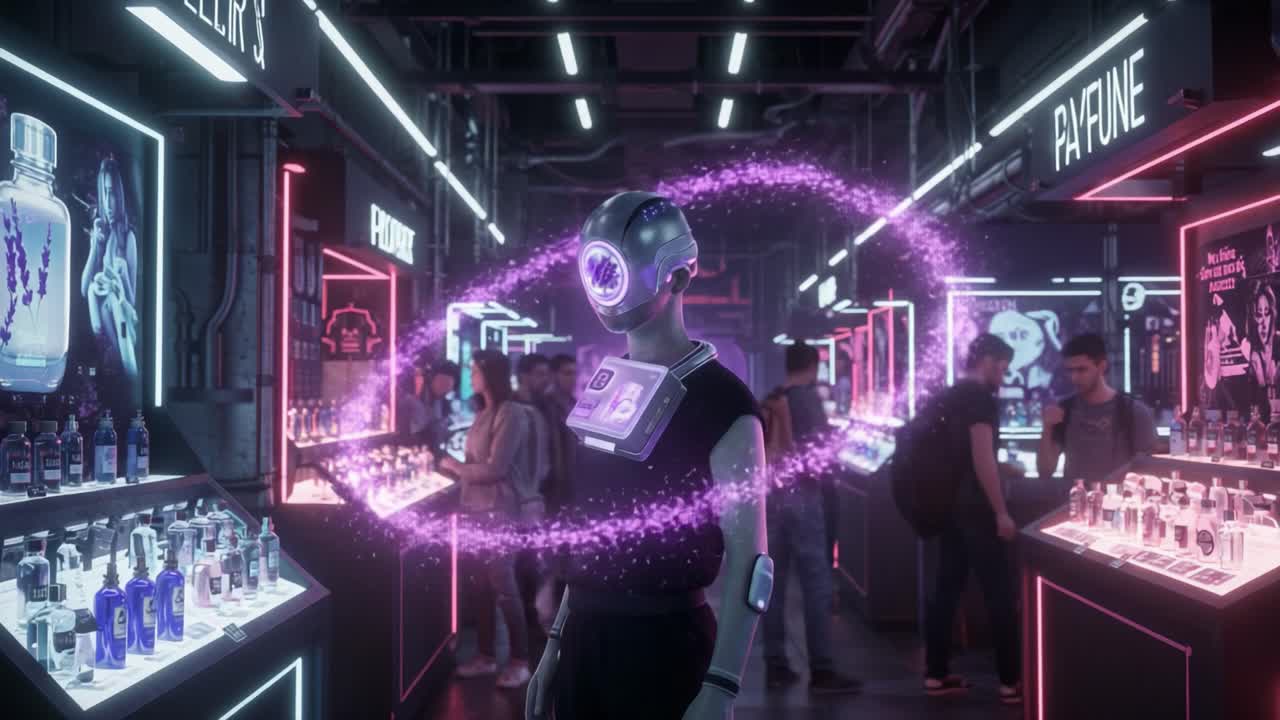 An immersive futuristic market scene featuring a humanoid robot with a digital interface, surrounded by vibrant displays of virtual products and colorful neon lights
