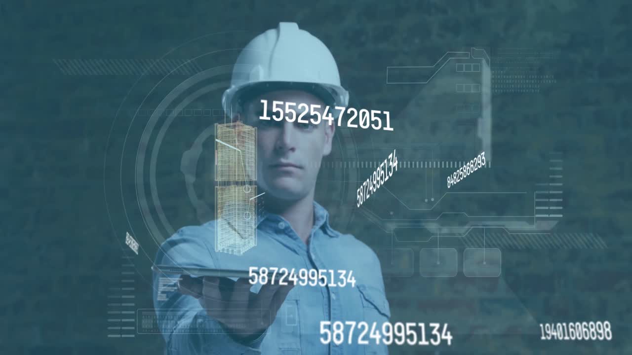 animación de números cambiantes y procesamiento de datos sobre trabajador masculino