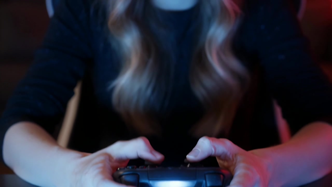 Inquadratura che si allontana, una giocatrice che impugna un gamepad, indossando un maglione scuro e una cuffia alla scrivania, mentre gioca.