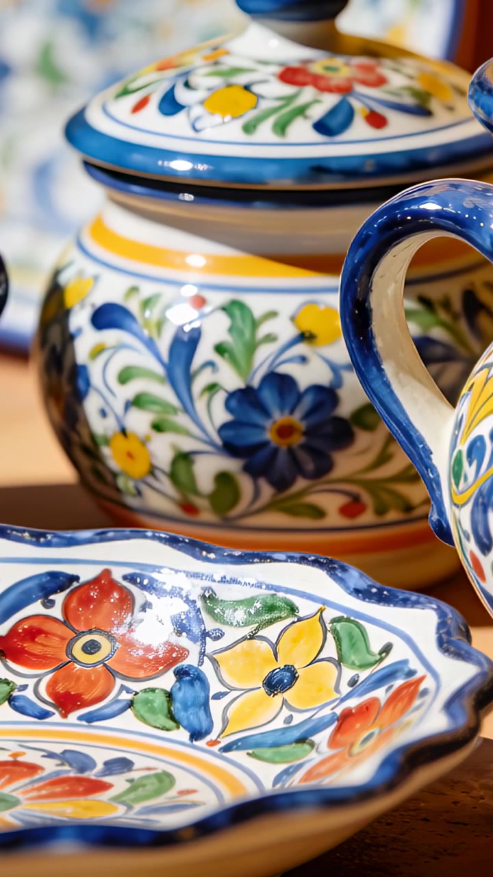 Vertical video: Shifting camera showing scalloped floral bowl in shop, framing jar and pitcher