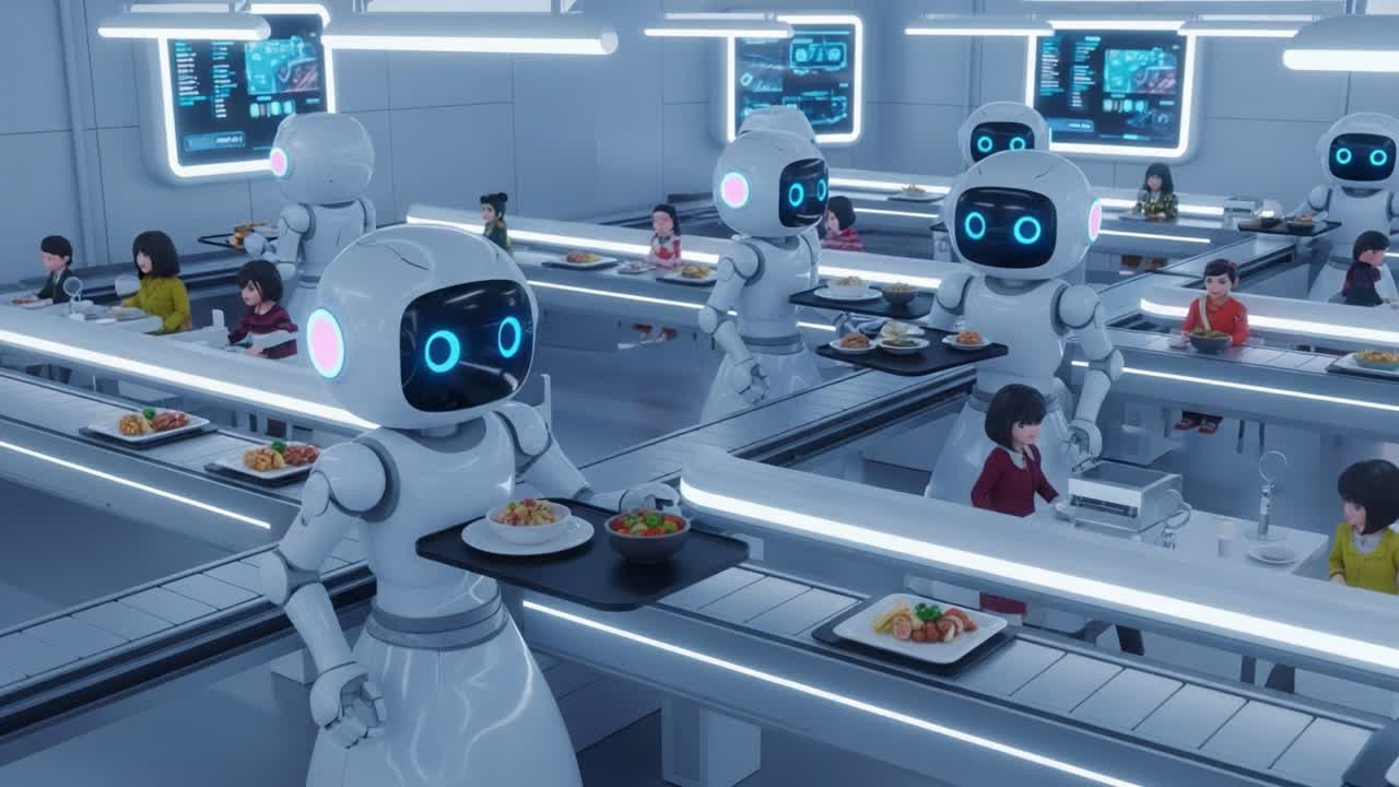 Futuristic Dining Experience with Robots: A Glimpse into Automated Service in a Modern Restaurant Setting Featuring Robotics and Technology