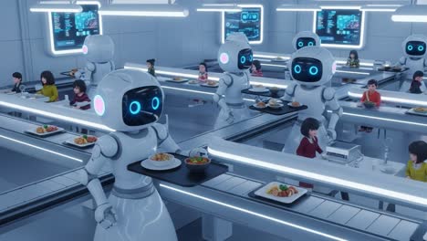 futuristic dining experience with robots: a glimpse into automated service in a modern restaurant setting featuring robotics and technology