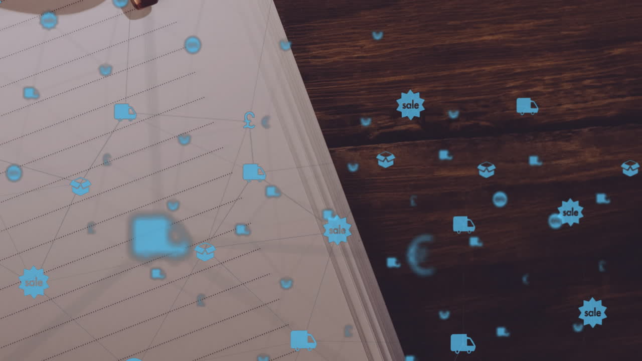 Notebook page showing floating blue delivery icons across tilted wooden desk, in flat design