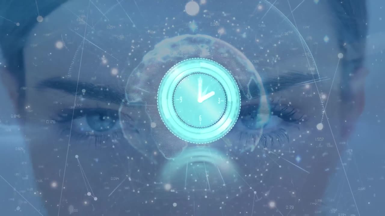 백인 여성의 얼굴 위에 데이터, 연결 및 지구를 움직이는 시계의 애니메이션