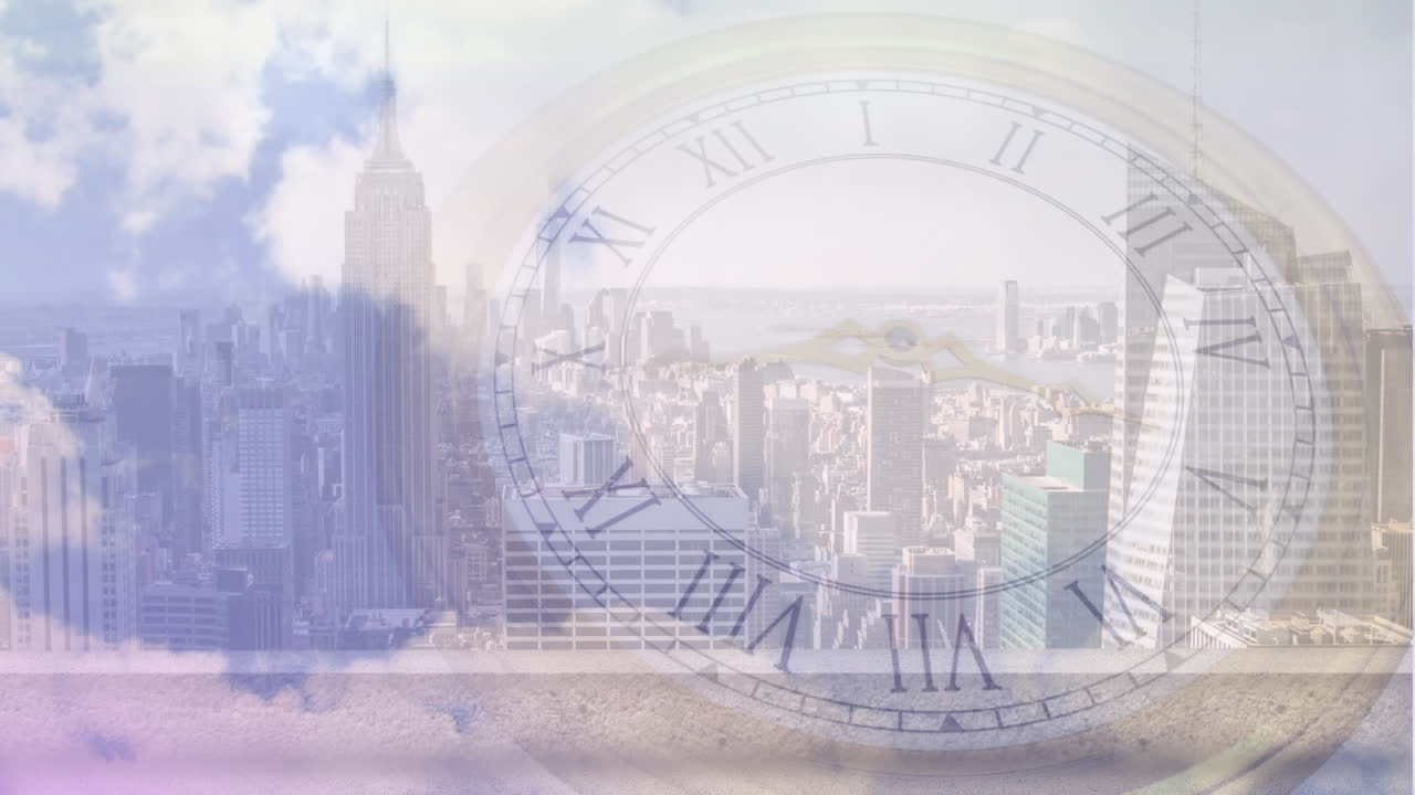 Animation of cityscape over clock moving