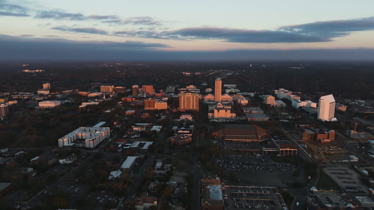 Aerial view approaching the downtown of Tallahassee, sunset in Florida, USA