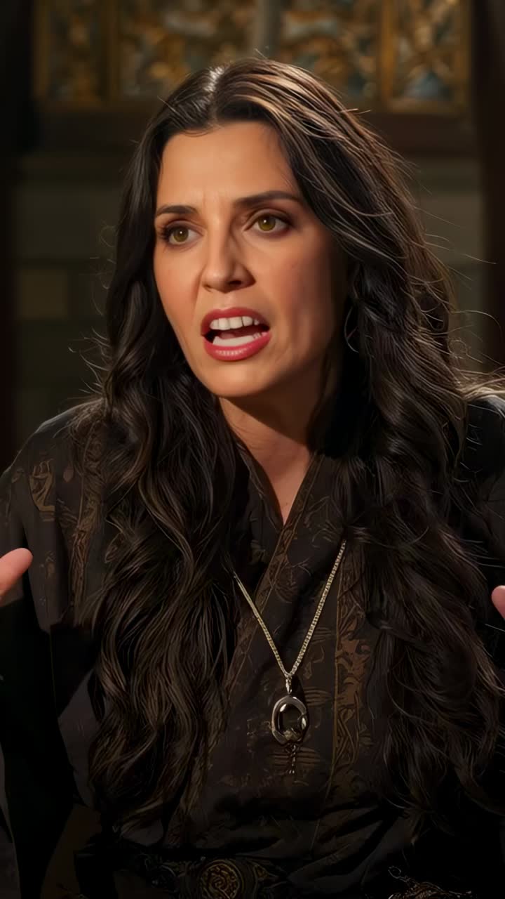 Vertical video: Speaking woman in robe emphasizing while camera rolling in room, showing pendant