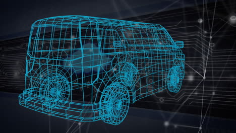 animación de la red de conexiones e iconos sobre el modelo de coche 3d