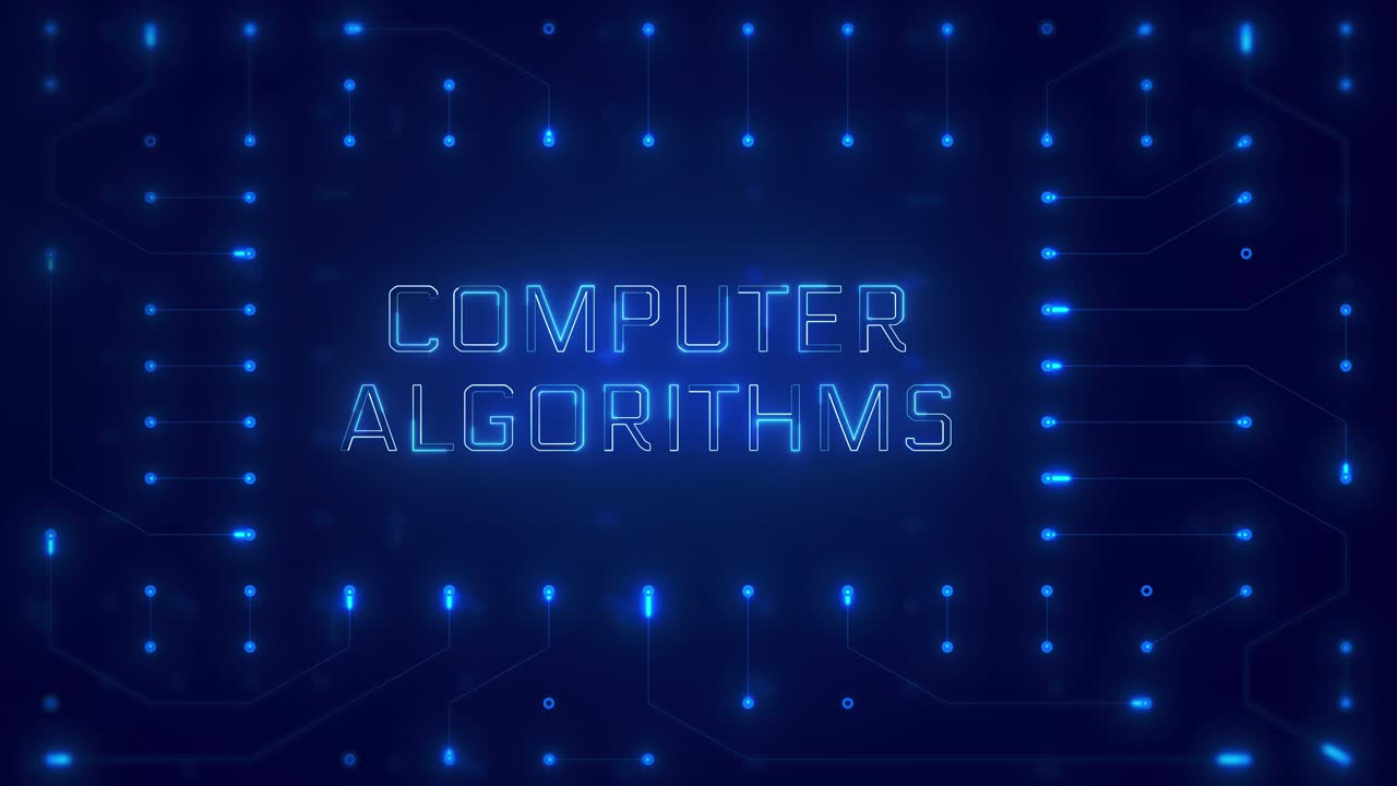 Computer algoritmetekst på digital printpladebaggrund.