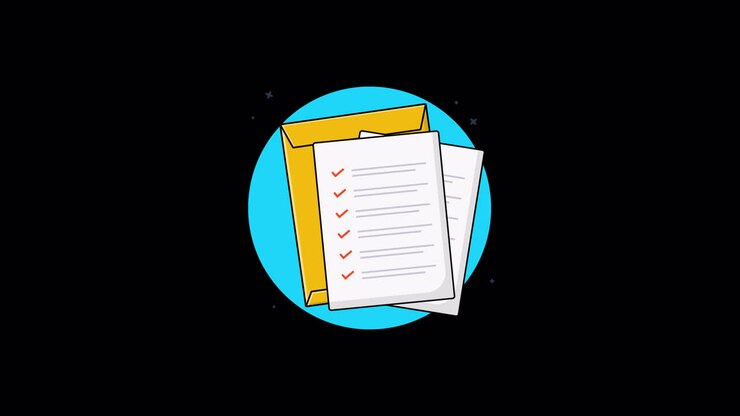 Animated Checklist Document Sliding into Yellow Envelope