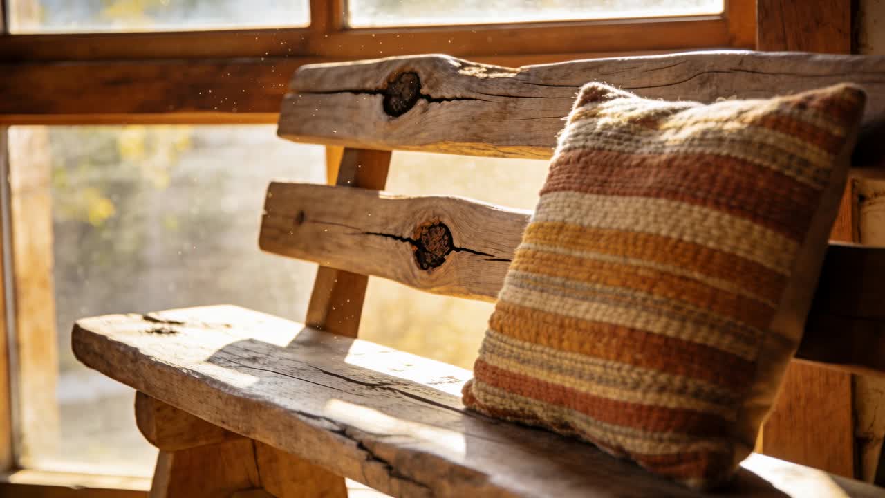Un raggio di sole riscalda un cuscino a righe lavorato a maglia su una panca rustica vicino a una finestra a riquadri, con la polvere che fluttua e spazio per il testo.