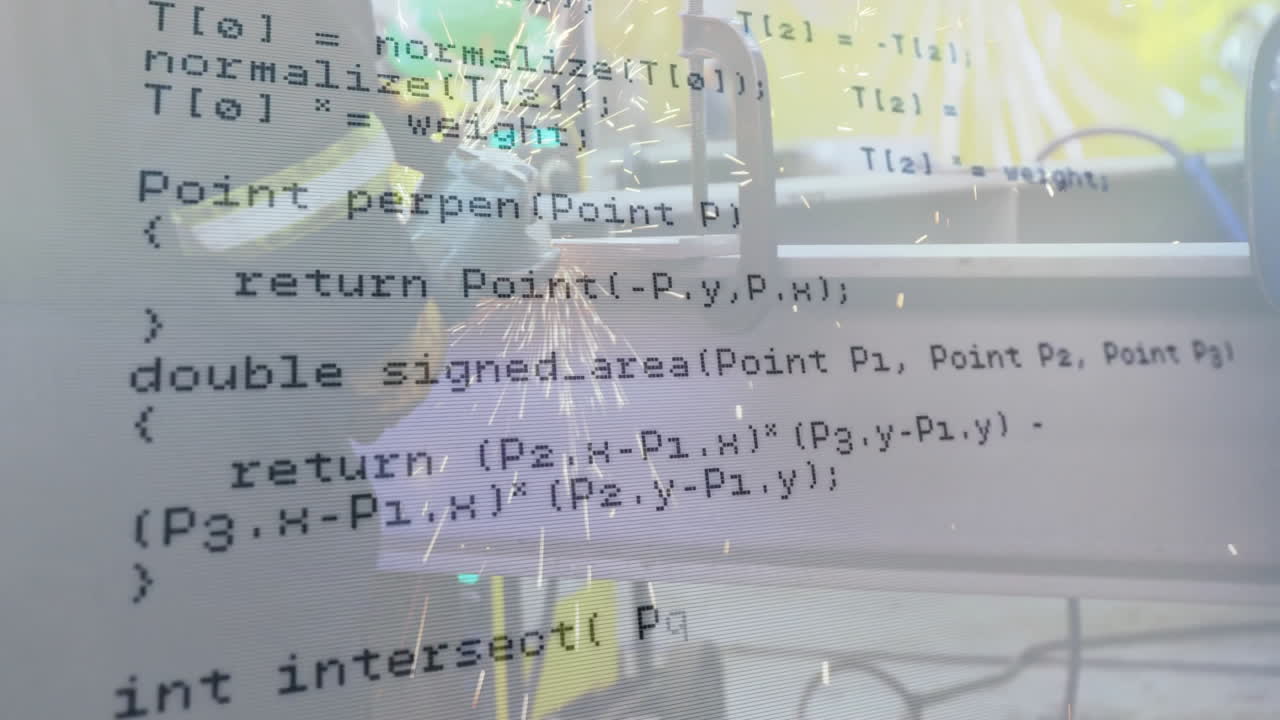 Man operating angle grinder inside metal workshop, showing transparent code overlay and sparks