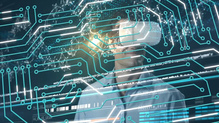 Animation of data processing and globe over screens