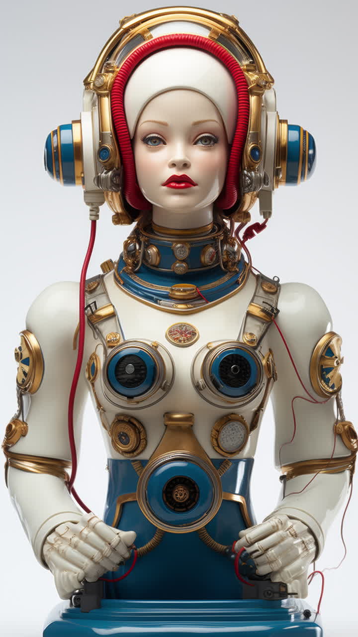bambole statue femminili in porcellana con altoparlanti audio e cuffie fatte con ai