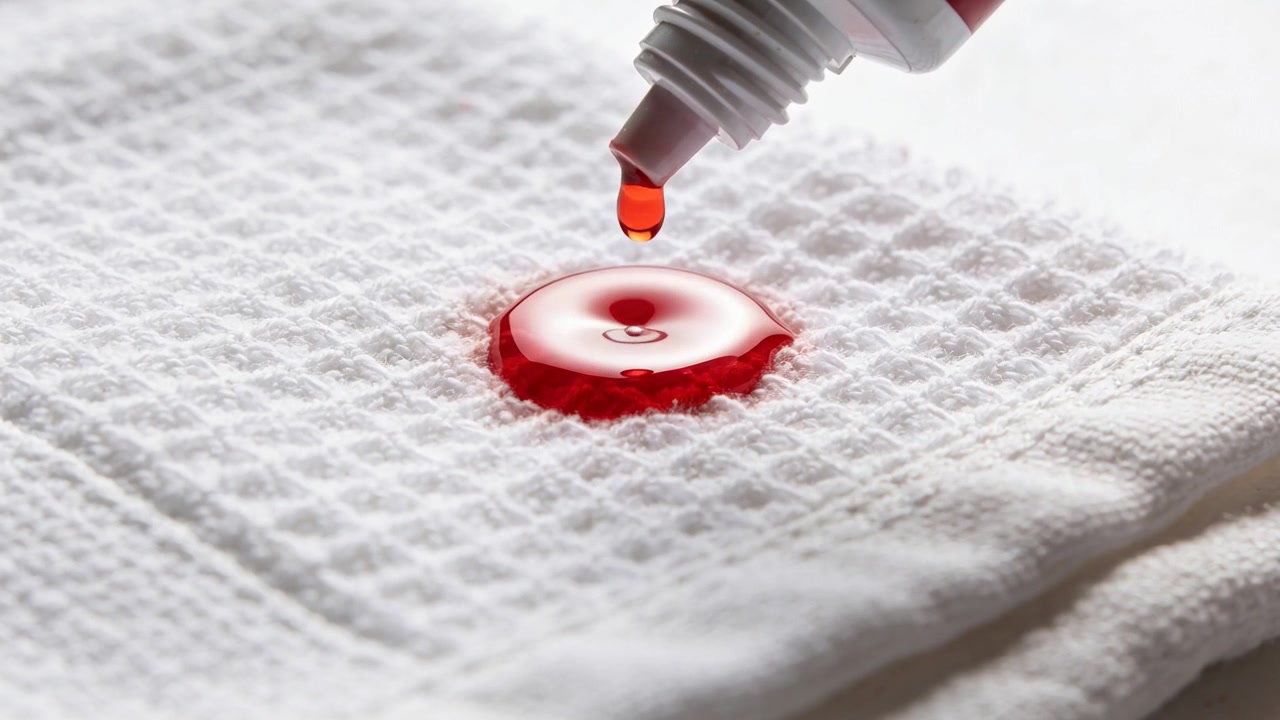 Squeezing tube nozzle releasing red drops onto white waffle cloth on table, forming circular puddle
