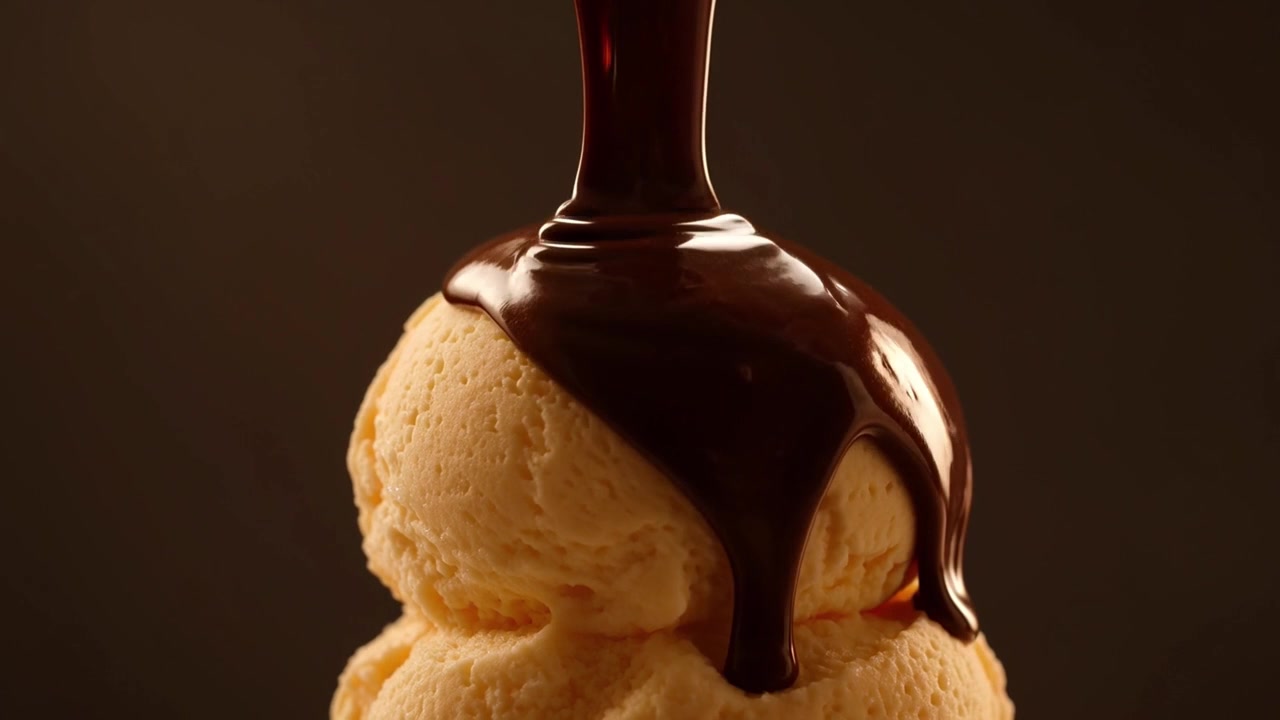 Salsa al cioccolato versata su una pallina di gelato alla vaniglia