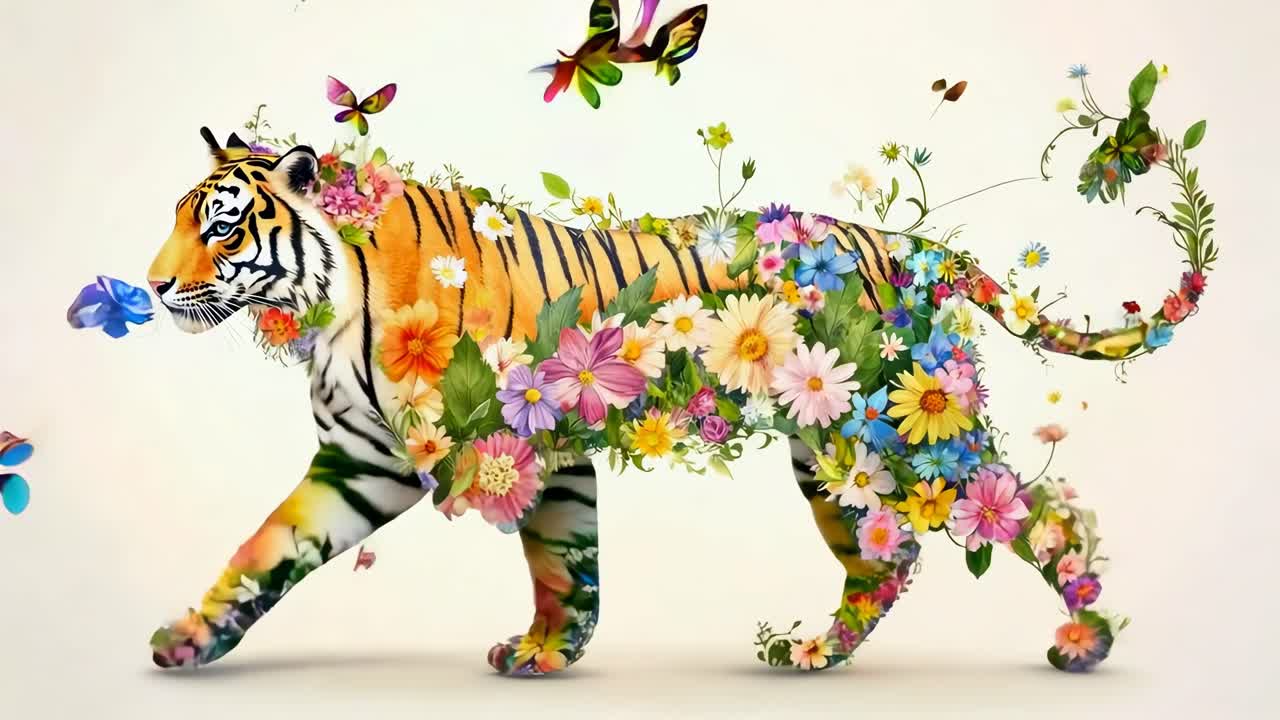 A side view of a tiger made of vibrant flowers and butterflies, blending nature and wildlife
