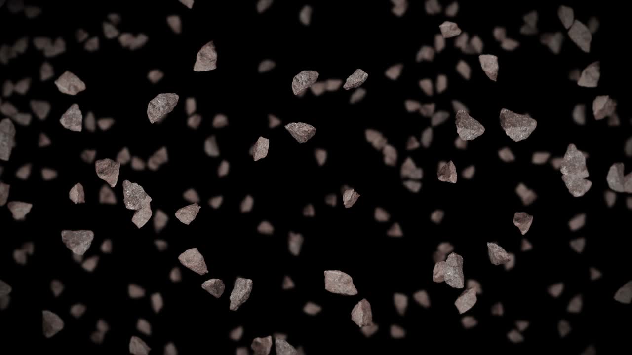 검은 바탕에 많은 바위 돌을 날아. 깨진 스플래시 폭발. 도전 개념. 돌 스플래쉬 회전의 3d 애니메이션. 루프 애니메이션.