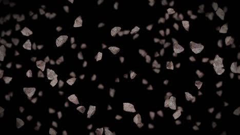 volando muchas piedras de roca en fondo negro. explosión de salpicaduras rotas. concepto de desafío. animación 3d de salpicadas de piedra girando. animación de bucle.