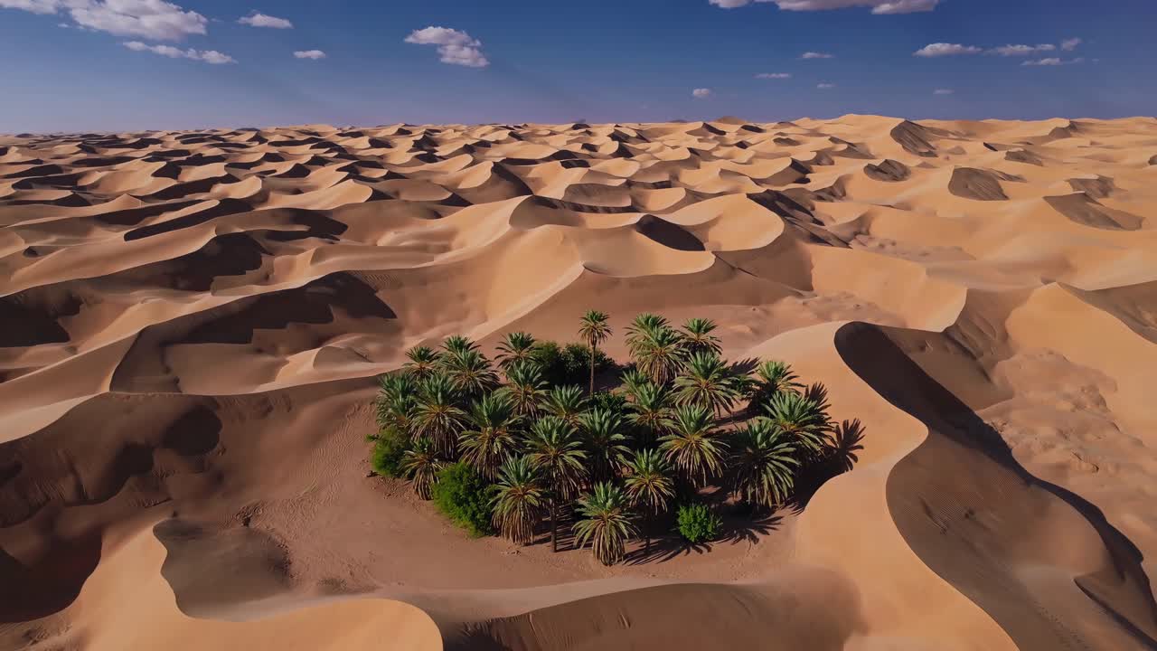 Un video aereo cattura un vasto paesaggio desertico con dune di sabbia ondulate e un'oasi lussureggiante
