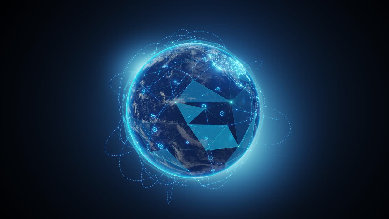 4K-opløsning, Tech Jord Globaliseringsnetværk, blå streglys transmitterer data, Hurtig dataoverførsel via internettet, trekantede digitale data, verdens centrale position, baggrund