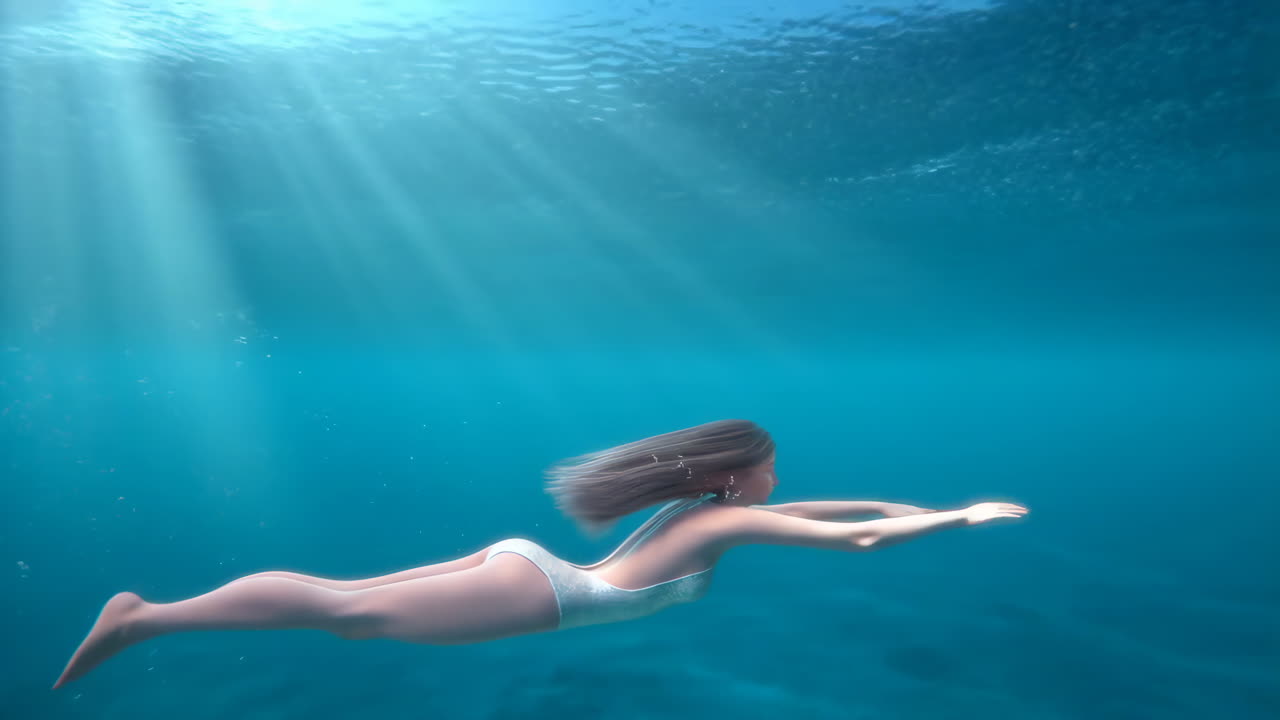 Woman gracefully swimming underwater in clear blue water with sun rays