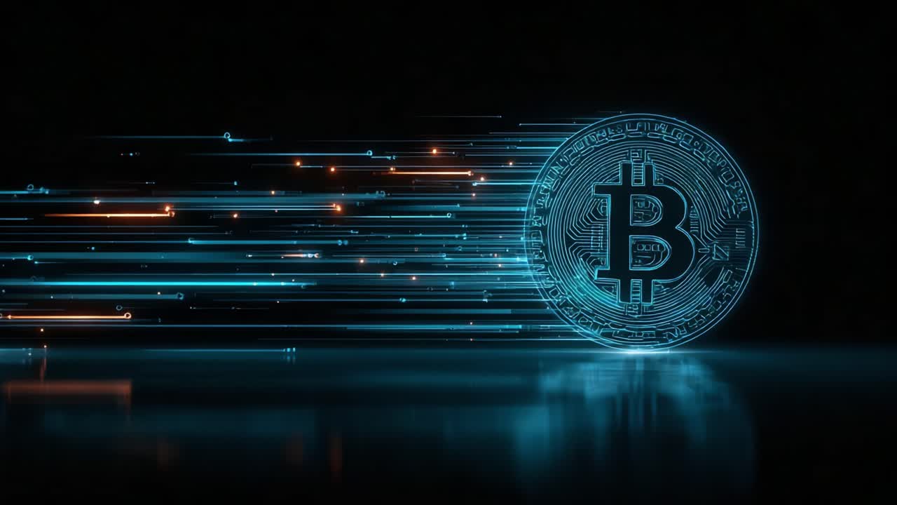Uno sguardo accattivante al futuro della valuta digitale con una rappresentazione Bitcoin ad alta velocità, che illumina la potenza della tecnologia blockchain e l'evoluzione delle criptovalute