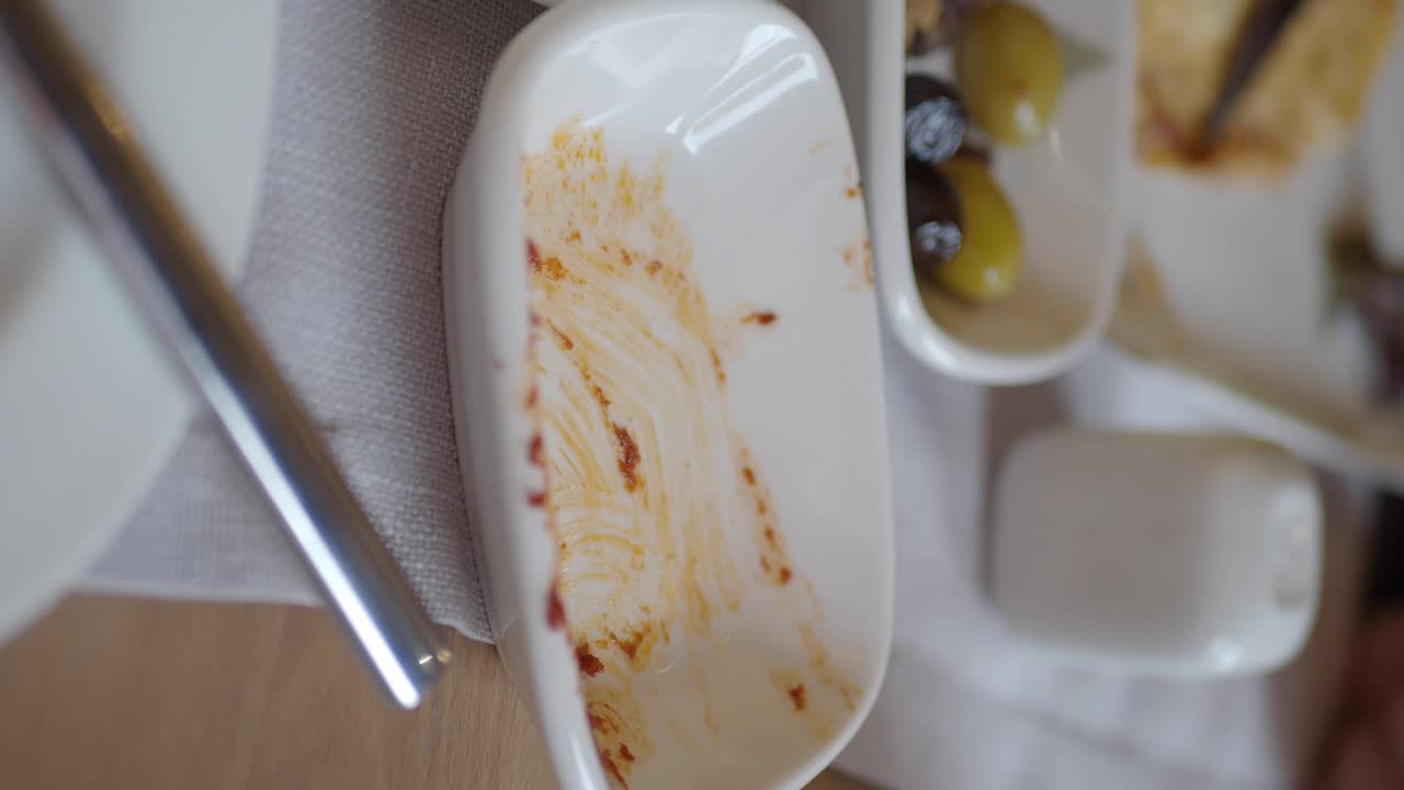 Close up of plates with leftover food and olives