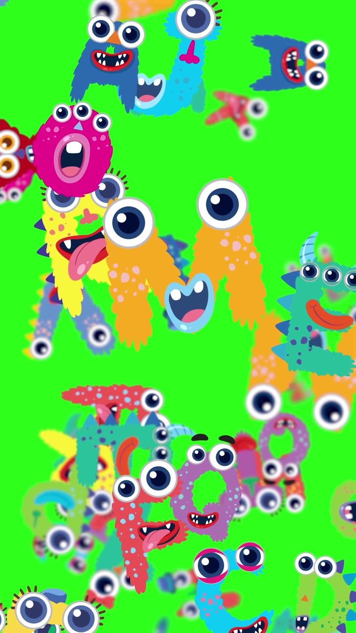 Bright, playful letters with eyes and mouths animate dynamically against a vivid green backdrop, creating a lively and whimsical scene