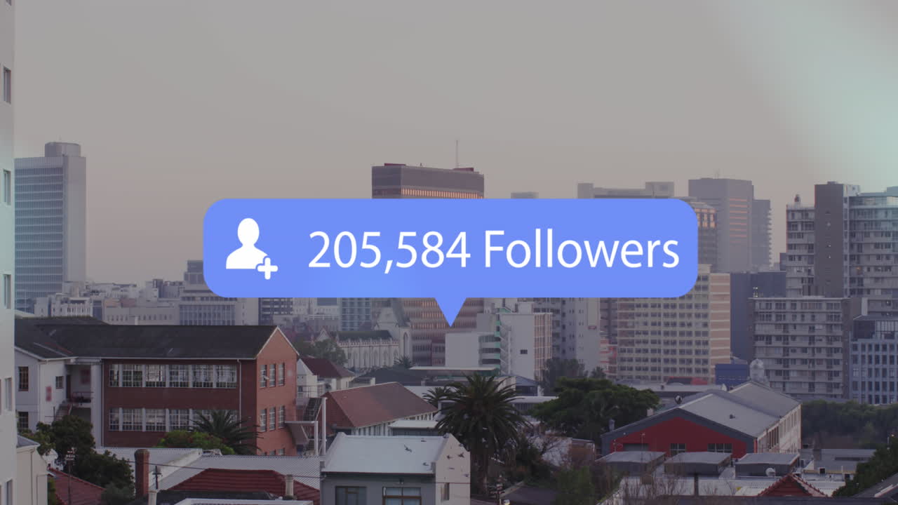 Animation of social media icon and data processing over cityscape