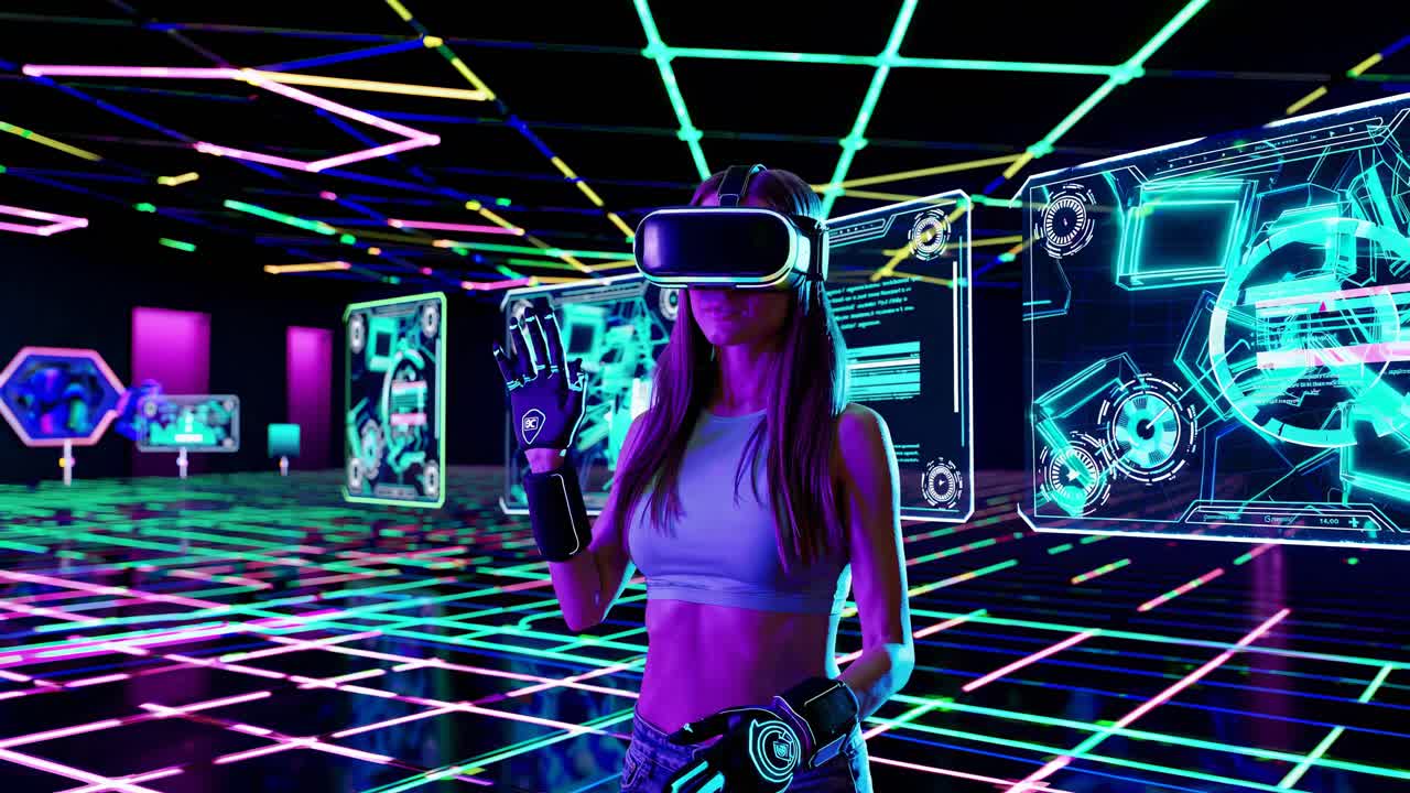 mujer experimentando la realidad virtual en un entorno futurista