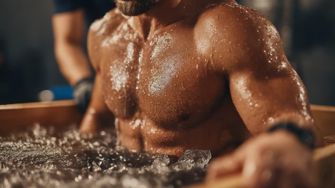 A Close-Up on the Athletic Physique of a Man in an Ice Bath, Showcasing Strength and Resilience during Recovery Amidst Sweaty Shimmer and Cold Water Splashes