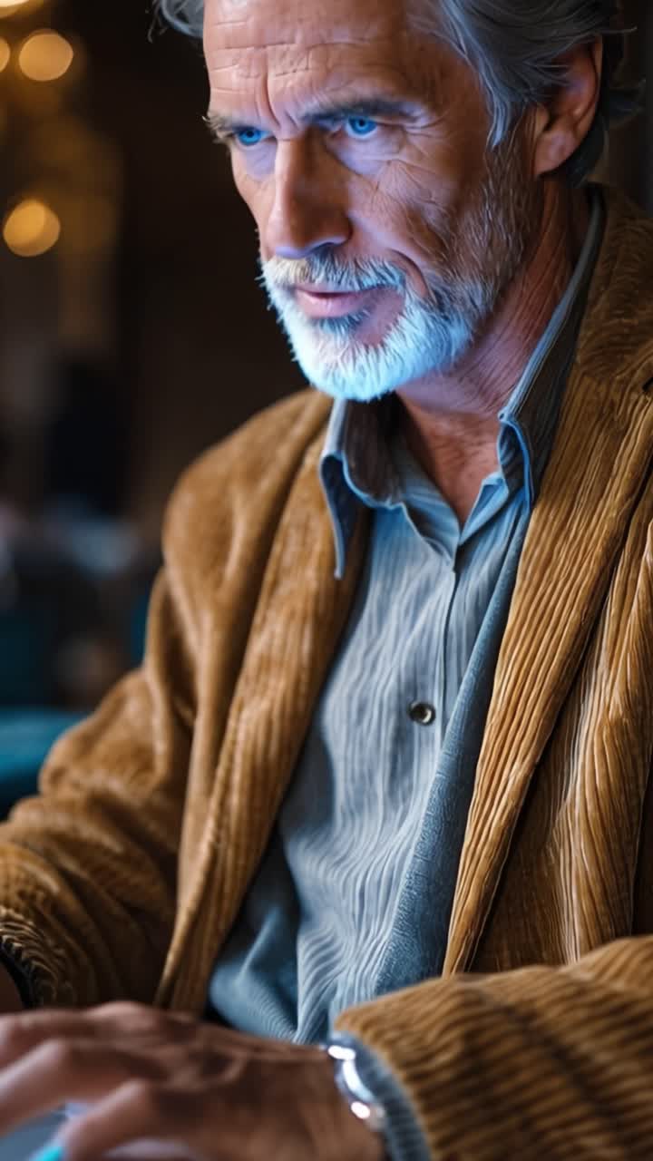 Anziano saggio digita con calma concentrazione sul suo portatile. Toni caldi brillano dolcemente dietro di lui. I suoi occhi esprimono un'espressione calma e pensierosa. Perfetto per concetti di pensione, tecnologia o stile di vita.