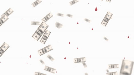 animation of blood drops and banknotes falling on white background