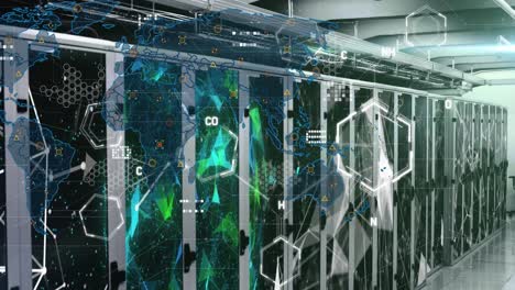 animazione di forme, icone e mappa del mondo sulla sala server