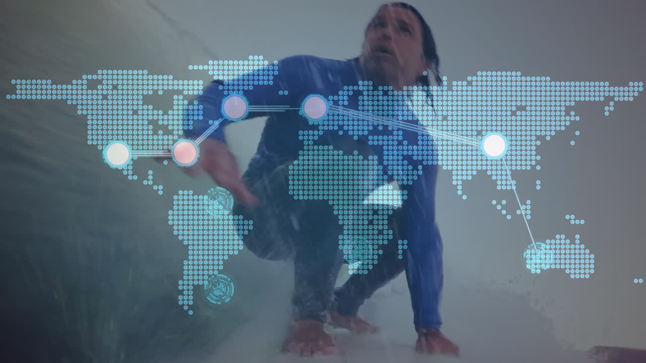 Animação de mapa-múndi e conexões sobre surfista caucasiano surfando em ondas