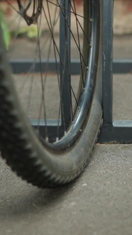 primer plano de la rueda de la bicicleta estacionada en un soporte de bicicleta de metal, capturando los rayos y los detalles del marco, el fondo presenta bicicletas adicionales y vegetación borrosa