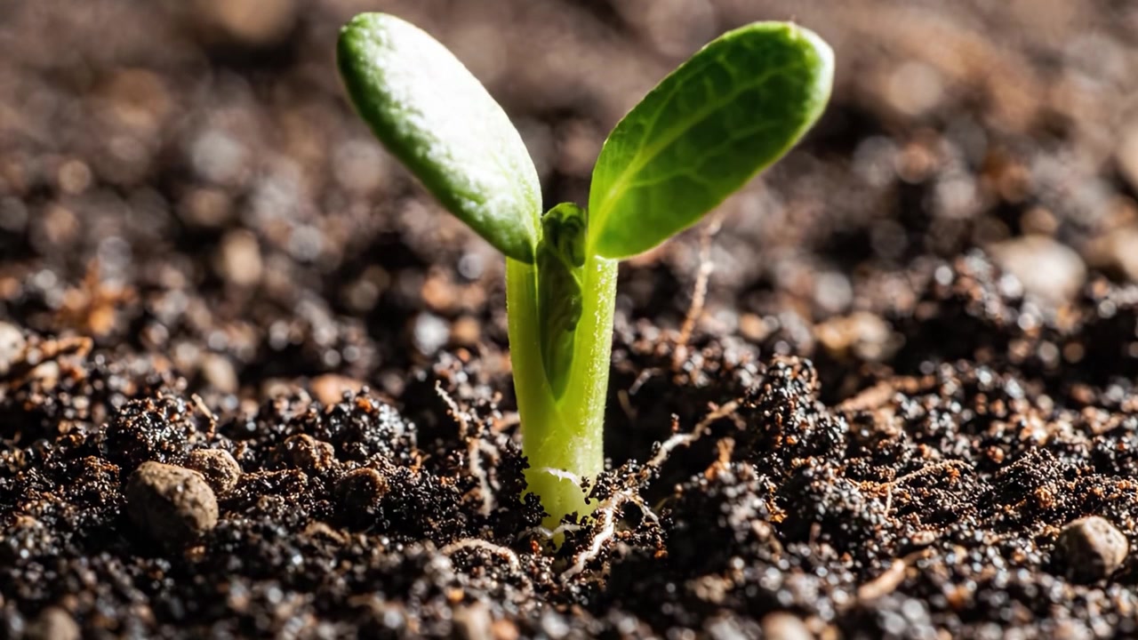 Un Viaje de la Tierra al Brote: Capturando la Transformación de una Plántula Creciendo de Tierra Fértil a una Planta Vibrante en Dos Fotogramas
